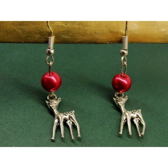 Deer Bambi Red Bead Silver Tone Vertical Drop Dangle Hook Earrings Womans - Picture 1 of 4